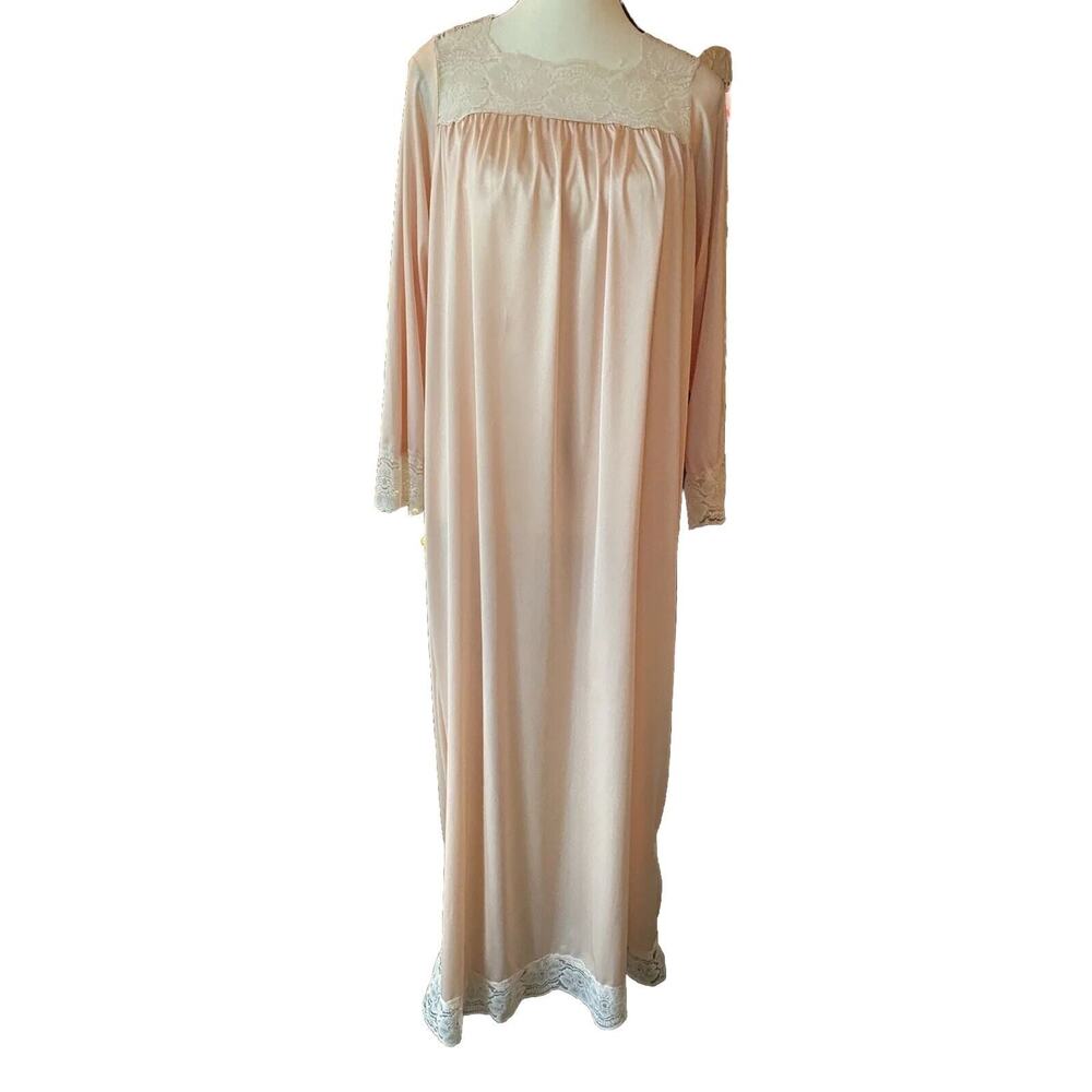 Wmns Vtg Union Made S Nylon Lace Sleep Nightgown Long sleeve Maxi Stretch Pink